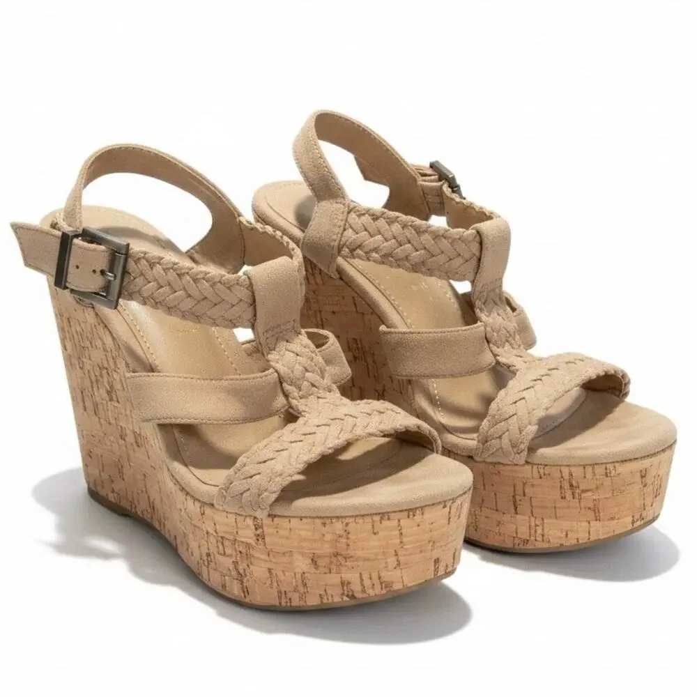 Y2K Soda Sotto-S Wedge in Stone Platform Woven Cork Espadrilles Sandals sz 9